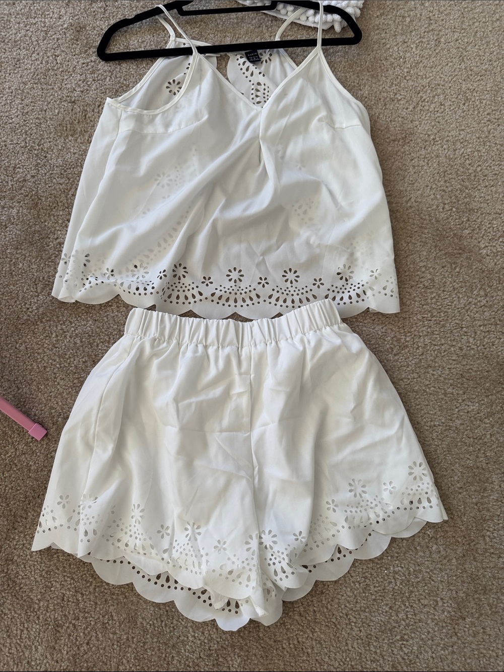 SHEIN White Eyelet Scallop Romper Two-Piece Set